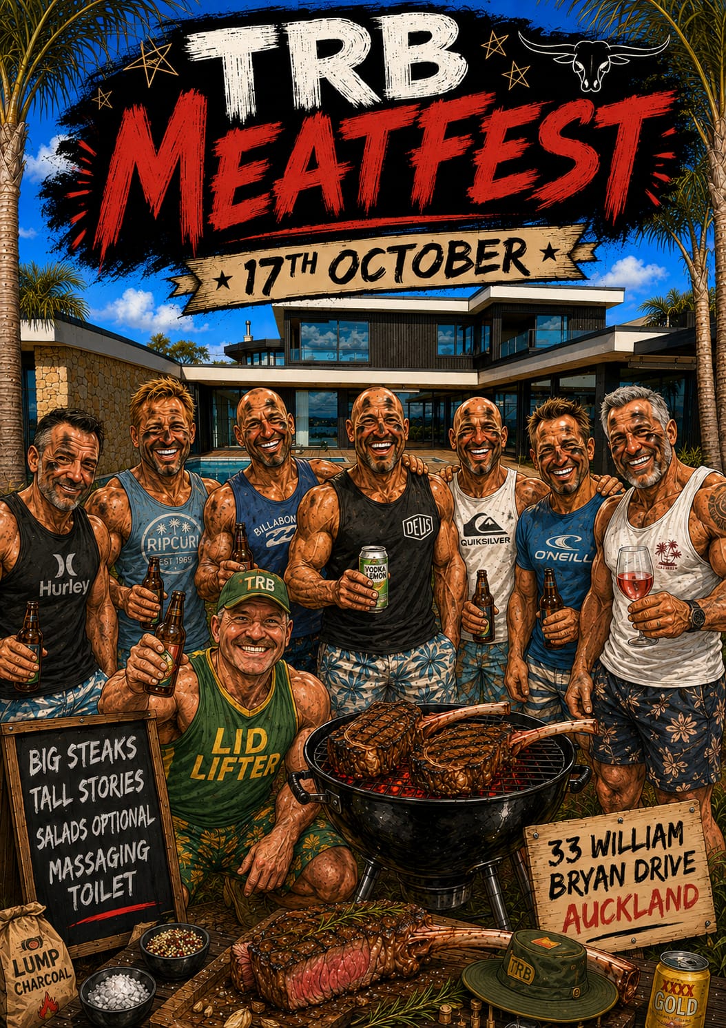 Illustrated TRB Meatfest crew gathered around a barbecue
